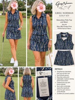 Greg Norman Collection Navy Blue Snake Print Sleeveless Polo Skort Set